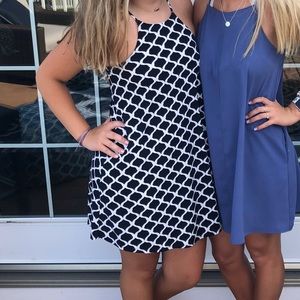 high neck scallop design navy and white dress